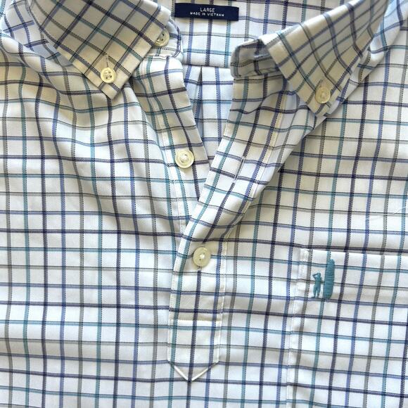 Johnnie-O Polo Shirt Mens Large White Blue Purple Plaid Prep-Formance Stretch - Picture 10 of 14